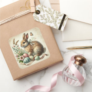 Pegatina Cuadrada Conejo de Pascua vintage huevo acuarela