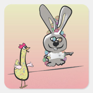 Pegatina Cuadrada Conejo de Pascua y Personalizado de pollo