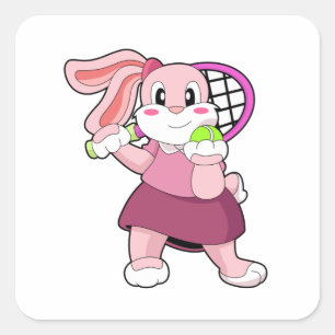 Pegatina Cuadrada Conejo de tenis con raqueta de tenis