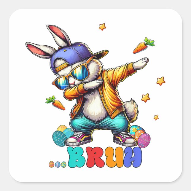 Pegatina Cuadrada Conejo divertido de Pascua Bruh Dab (Anverso)