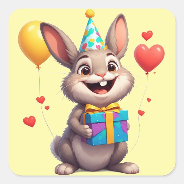 Pegatina Cuadrada 🐰 Conejo Dulce Con Regalo De Cumpleaños (Anverso)