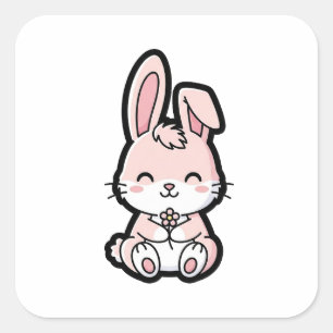 Pegatina Cuadrada Conejo Dulce – Ilustración de Animal Kawaii Adorab