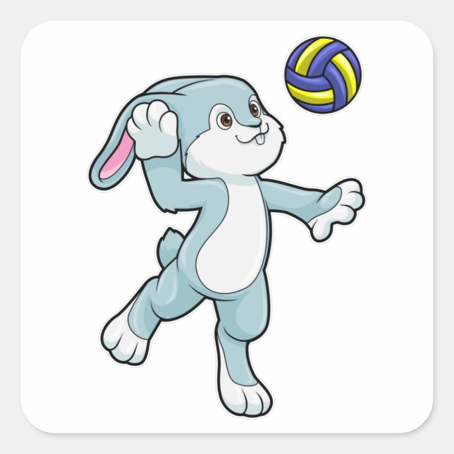 Pegatina Cuadrada Conejo en deportes con voleibol (Anverso)