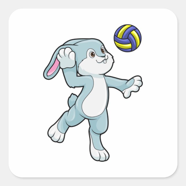 Pegatina Cuadrada Conejo en deportes con voleibol (Anverso)