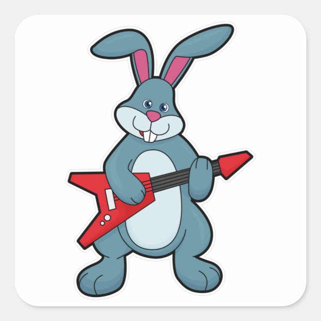 Pegatina Cuadrada Conejo en música con guitarra (Anverso)
