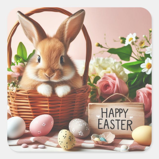 Pegatina Cuadrada Conejo en una canasta de Pascua (Anverso)