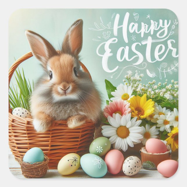 Pegatina Cuadrada Conejo en una canasta, flores y huevos de Pascua (Anverso)