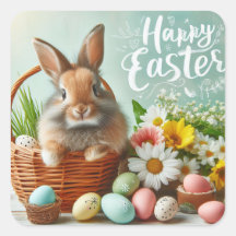 Conejo en una canasta, flores y huevos de Pascua