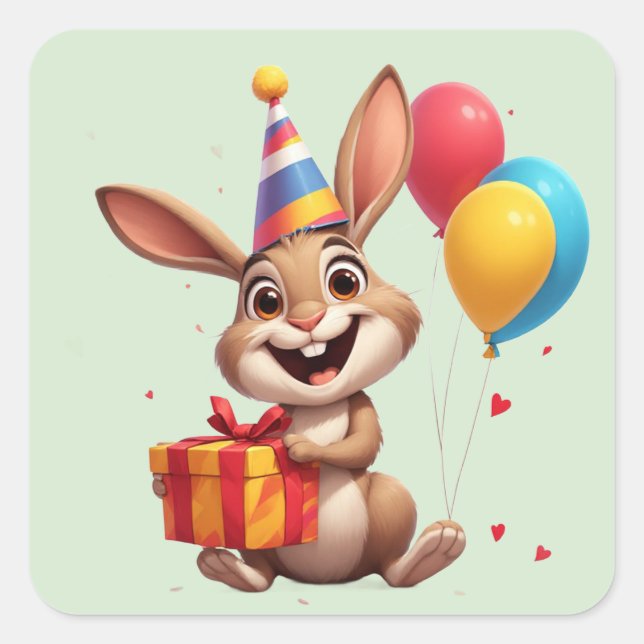 Pegatina Cuadrada 🎁 Conejo Feliz Con Globos Y Regalo (Anverso)