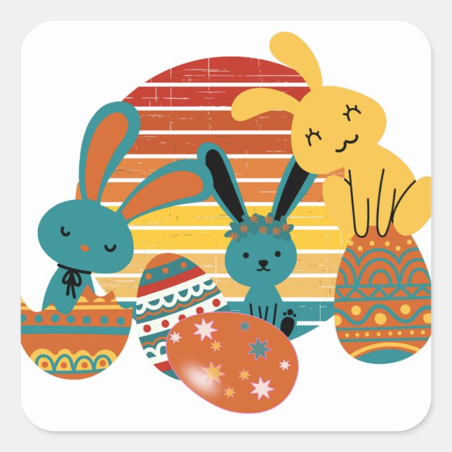 Pegatina Cuadrada Conejo feliz, Huevo de Pascua, lindo (Anverso)