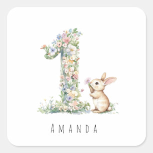 Pegatina Cuadrada Conejo Floral para el Primer Cumpleaños