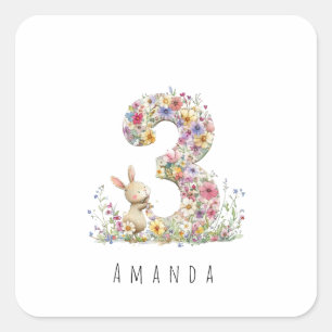 Pegatina Cuadrada Conejo floral para tercer cumpleaños