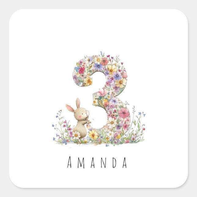 Pegatina Cuadrada Conejo floral para tercer cumpleaños (Anverso)