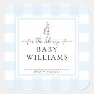 Pegatina Cuadrada Conejo Gingham Azul Para La Biblioteca De Ex libri