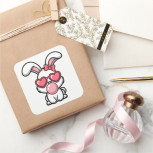 Pegatina Cuadrada Conejo Kawaii Juguetón con Burbuja de Chicle