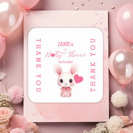 Pegatina Cuadrada Conejo lindo con Baby Shower Chica de globo rosa
