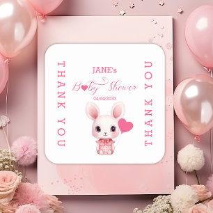 Pegatina Cuadrada Conejo lindo con Baby Shower Chica de globo rosa