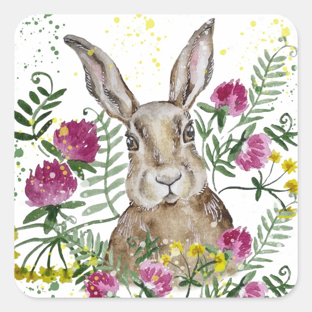 Pegatina Cuadrada Conejo lindo en flores acuarelas (Anverso)