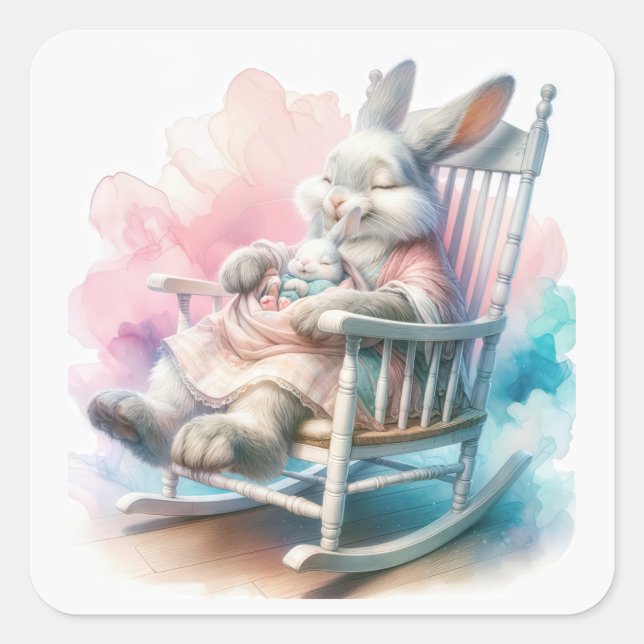 Pegatina Cuadrada Conejo madre con conejo bebé (Anverso)