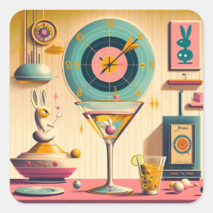 Pegatina Cuadrada Conejo Martini Futurista Retro Atómico de Medianos