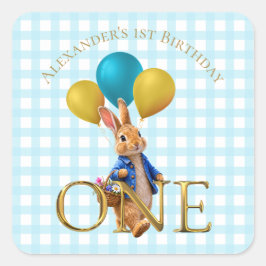 Pegatina Cuadrada Conejo personalizado para primer cumpleaños pasean