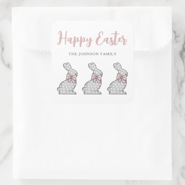 Pegatina Cuadrada Conejo rosa lindo Feliz Pascua (Bolso)
