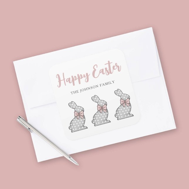 Pegatina Cuadrada Conejo rosa lindo Feliz Pascua (Cute Pink Bunny Happy Easter Square Sticker)