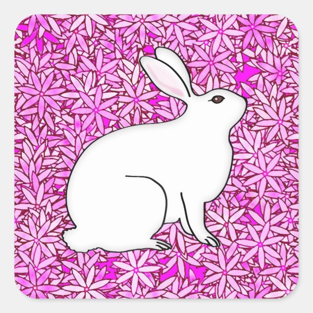 Pegatina Cuadrada Conejo sobre un lecho de flores primaverales (Anverso)