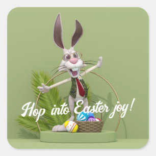 Pegatina Cuadrada Conejo Toon de pie cerca de huevos de Pascua