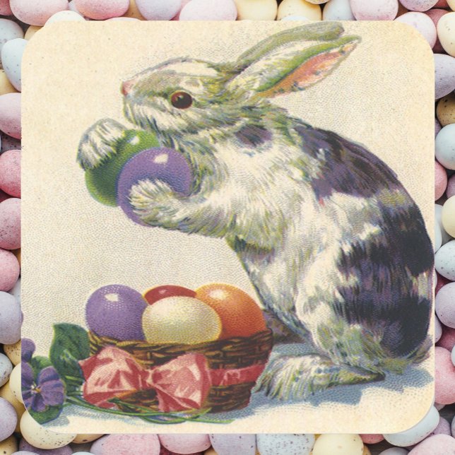 Pegatina Cuadrada Conejo victoriano de Pascua, flores y huevos (Subido por el creador)