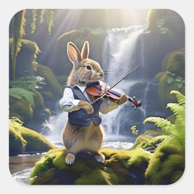 Pegatina Cuadrada Conejo violinista en hermosa selva tropical (Anverso)