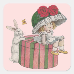 Pegatina Cuadrada Conejo y Chica en la Gigante Hatbox Vintage Easter