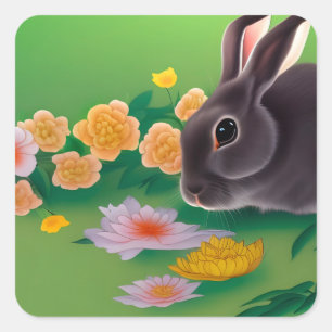 Pegatina Cuadrada Conejo y flores