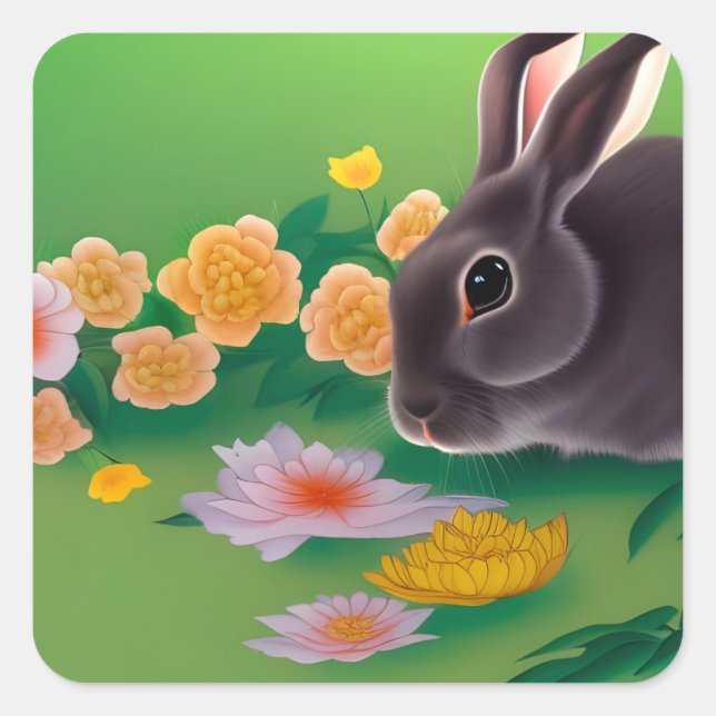 Pegatina Cuadrada Conejo y flores (Anverso)