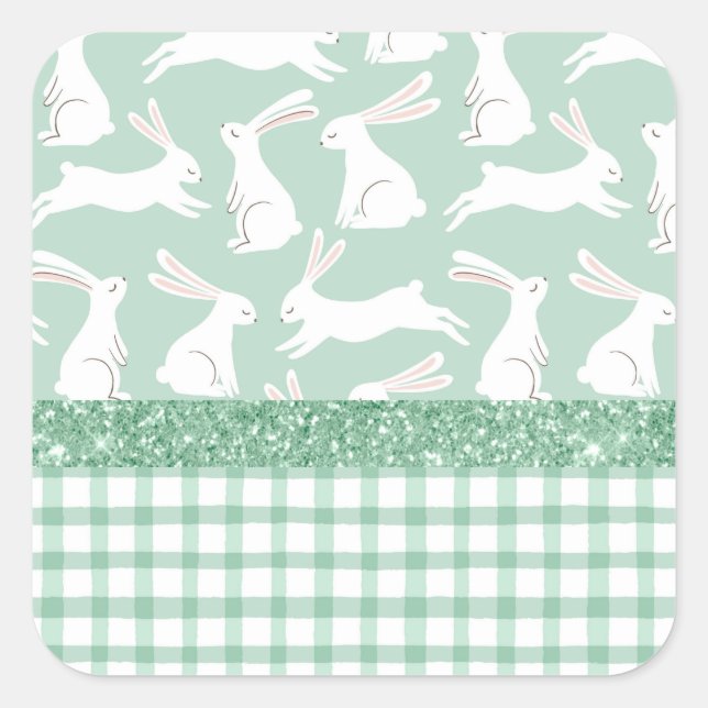 Pegatina Cuadrada Conejos de Cuadros de Gingham con Brillo Verde (Anverso)