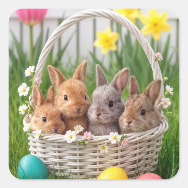 Pegatina Cuadrada Conejos de Pascua en una cesta de mimbre (Anverso)