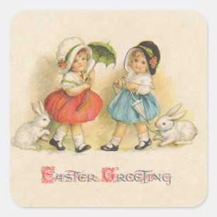 Pegatina Cuadrada Conejos de Pascua vintage niños sombreros Antiguo