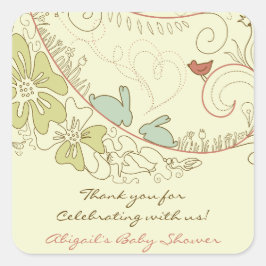 Pegatina Cuadrada Conejos y flores neutrales Gracias Baby Shower