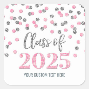Pegatina Cuadrada Confeti Plateado Rosa Graduación 2025