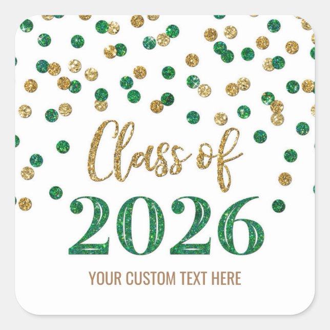 Pegatina Cuadrada Confeti Verde Dorado Graduación 2026 (Anverso)