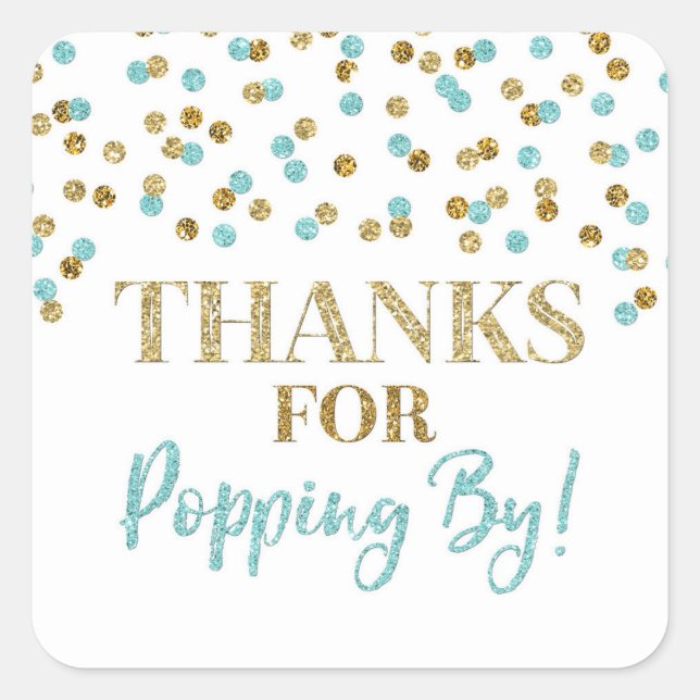 Pegatina Cuadrada Confetti azul dorado gracias por pasarse (Anverso)