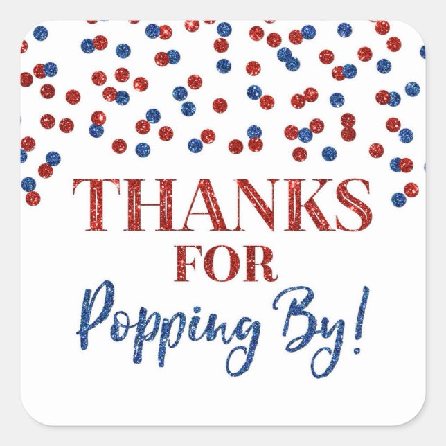 Pegatina Cuadrada Confetti azul rojo gracias por pasar (Anverso)