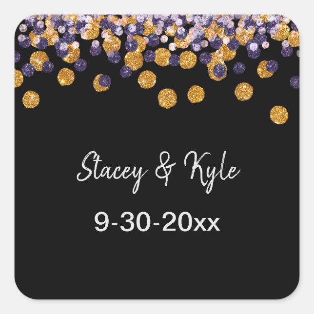 Pegatina Cuadrada Confetti Novia y Groom Boda Personalizable de fech (Anverso)