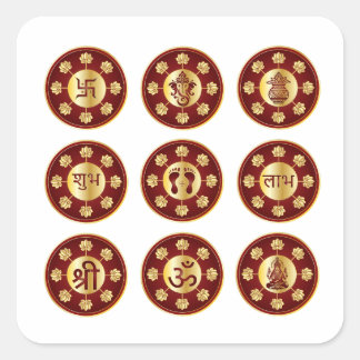 Pegatina Cuadrada Conjunto de 9 lujosos Swastik Shubh Labh en color