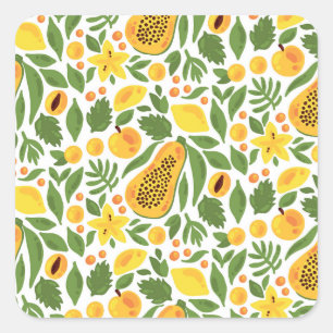 Pegatina Cuadrada Conjunto de frutas exóticas: Papaya, limón, mango