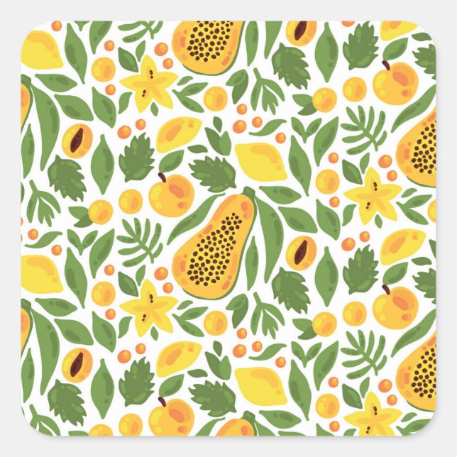 Pegatina Cuadrada Conjunto de frutas exóticas: Papaya, limón, mango (Anverso)