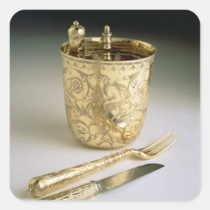 Pegatina Cuadrada Conjunto de un cuchillo, tenedor, cuchara y vaso d