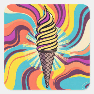 Pegatina Cuadrada Cono de helado arte pop psicodélico