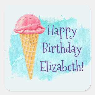 Pegatina Cuadrada cono de helado personalizado del feliz cumpleaños