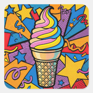 Pegatina Cuadrada Cono de helado y arte pop de confeti